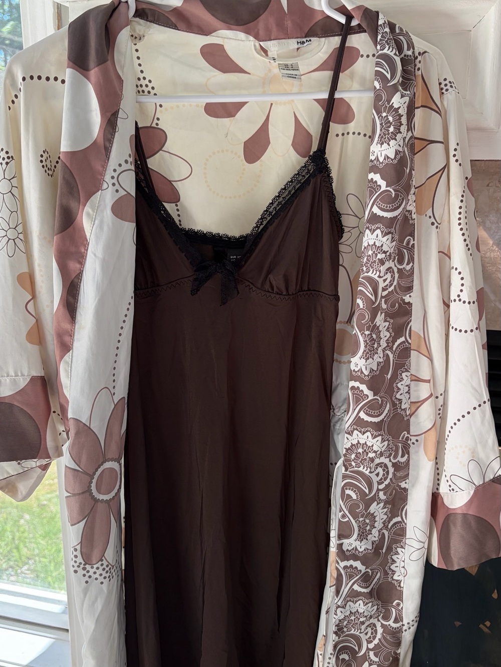 H&M Brown with Black  Lace-Trim Cami slip and kimono robe